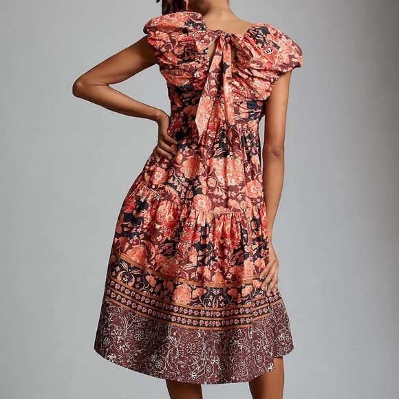 ANTHROPOLOGIE Floral Pleated Bodice Tiered V-Neck Babydoll Dress Red Size 8 NWT - Picture 6 of 9